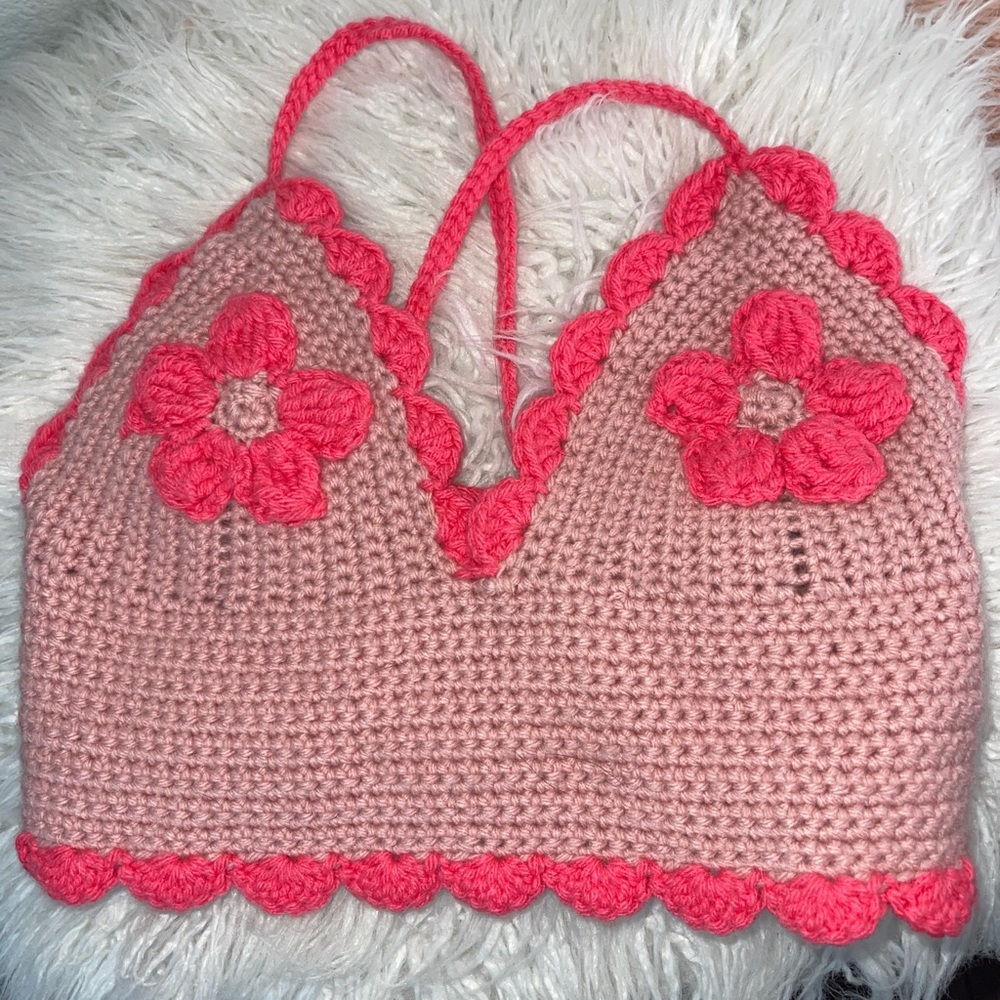 Hand made crochet top festival boho vibes flower lace up back makes adjustable